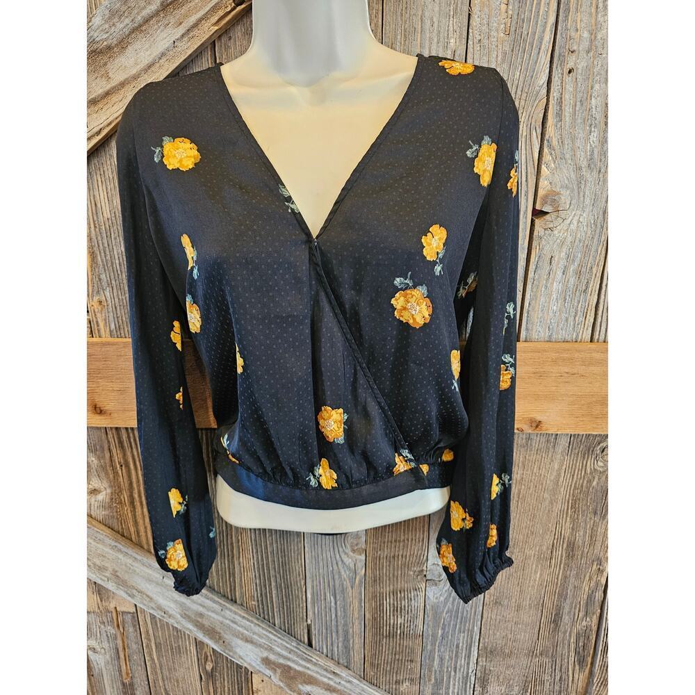 Madewell size S Small black yellow floral peasant wrap blouse boho seme sheer